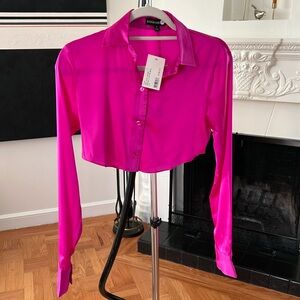 Hot pink silk long sleeve crop top